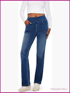 High Waisted Bootcut Jeans Stretchy Pull On Elastic Waist Denim Pants